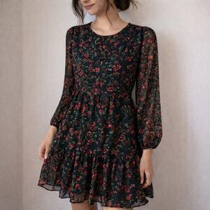 Calvin Klein Black Red Floral Chiffon Dress Size 8 Romantic Dark Academia